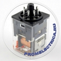 MKS2PI-AC230 Реле 10 Ампер, 230 VAC, 8 контактов, DPDT, механический индикатор, тестовая кнопка Omron