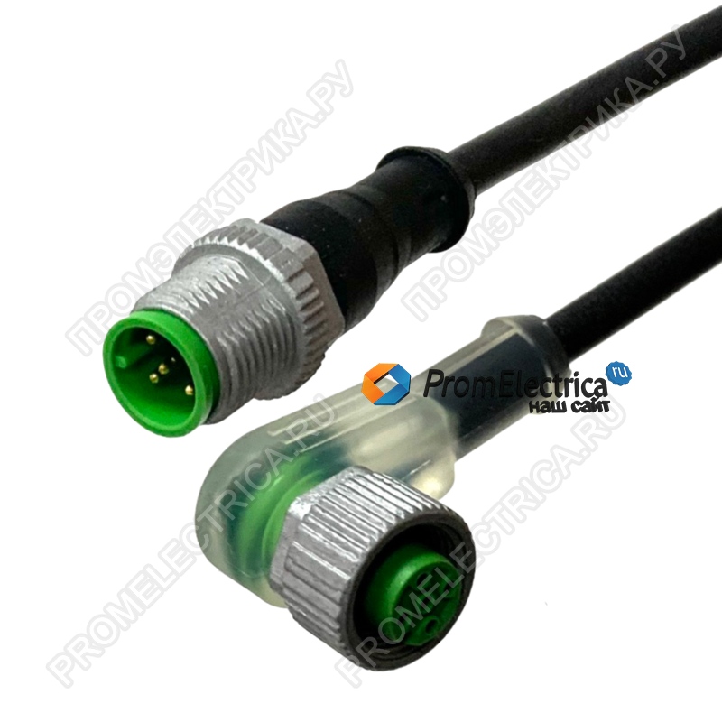7000-40363-6550750 термо (90°C) и масло стойкий кабель 7,5м, разъем штекер M12 + угловая розетка M12, 5PIN. индикатор LED G/Y/R, схема PNP