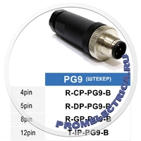 R-GP-PG9-B Прямой разъем M12, 8PIN, штекер папа, PG9, пластмасс