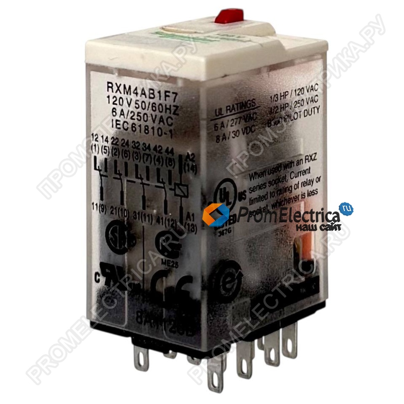 RXM4AB1F7 Миниатюрное реле без светодиода, 4 перекидных контакта, 6 A, 120 V AC, Schneider Electric